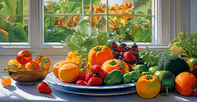 A colorful plate of fruits and vegetables showcasing a balanced diet, set in a warm kitchen with natural light.