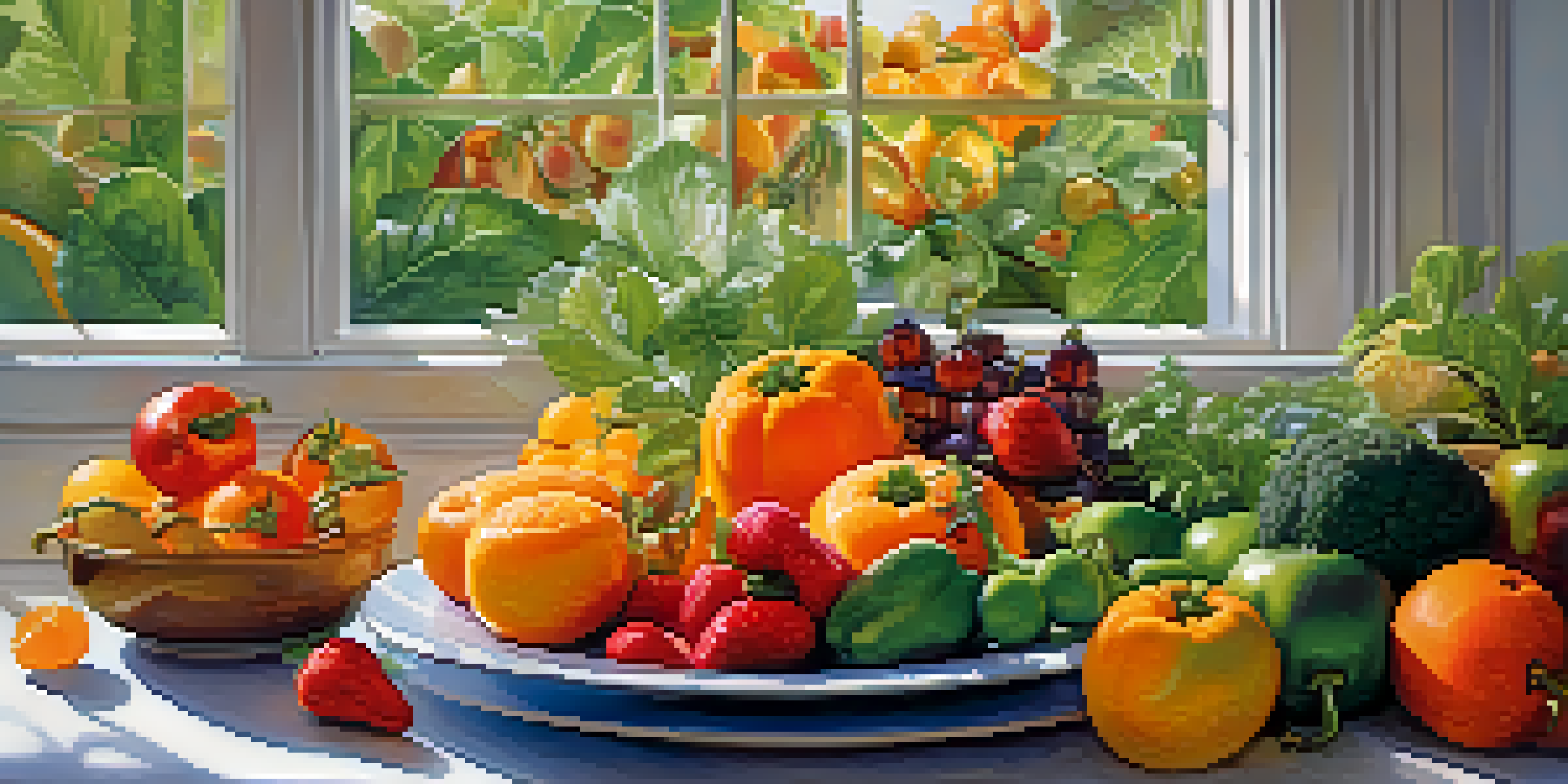 A colorful plate of fruits and vegetables showcasing a balanced diet, set in a warm kitchen with natural light.