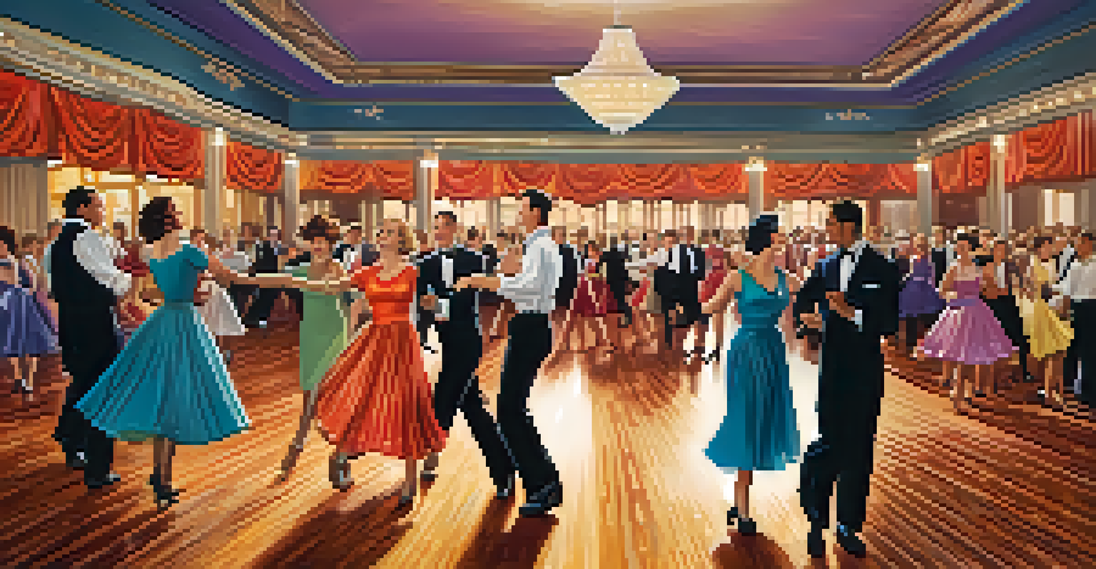 Couples dancing in a vintage swing dance scene, wearing colorful 1950s outfits in a retro ballroom.