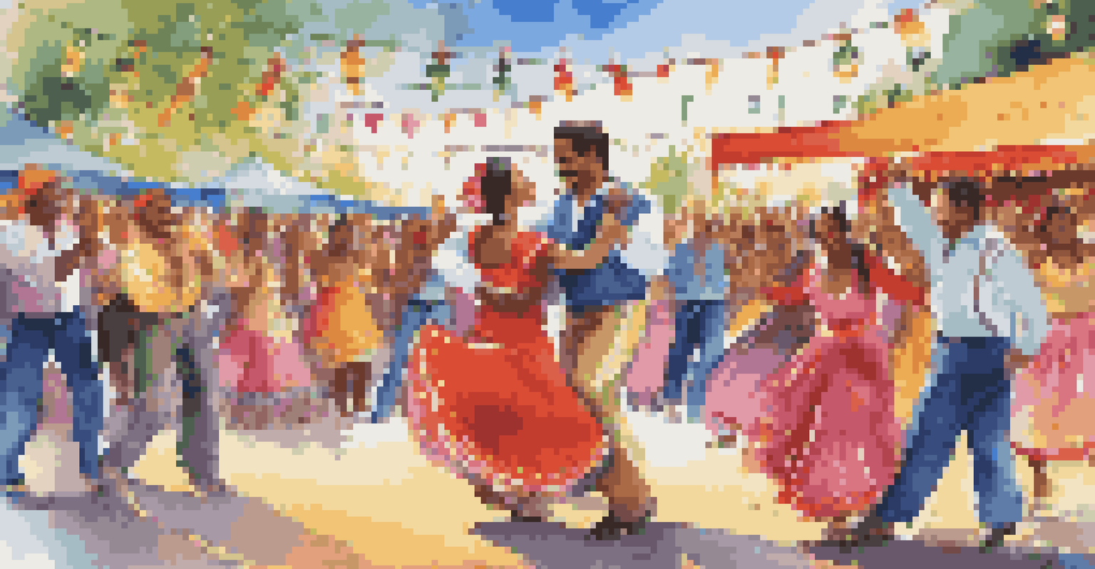 A couple dancing salsa at an outdoor festival with colorful attire and a festive atmosphere.