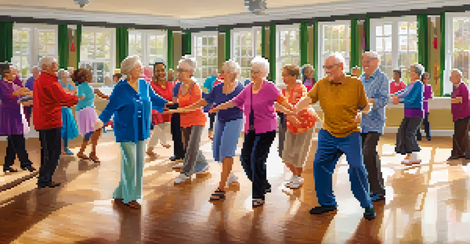 A lively dance class for seniors with diverse participants enjoying a ballroom dance session in a bright room.