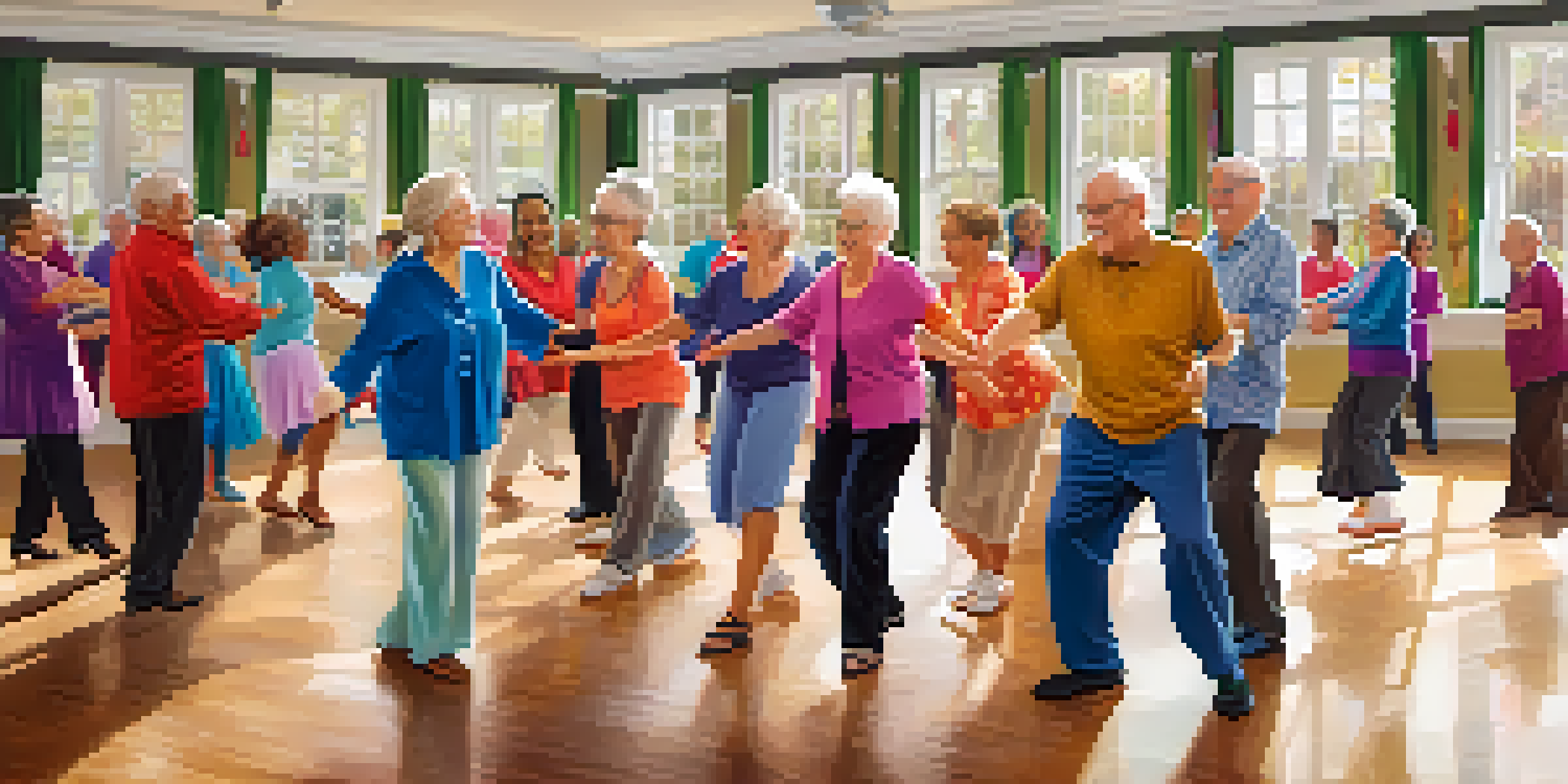 A lively dance class for seniors with diverse participants enjoying a ballroom dance session in a bright room.