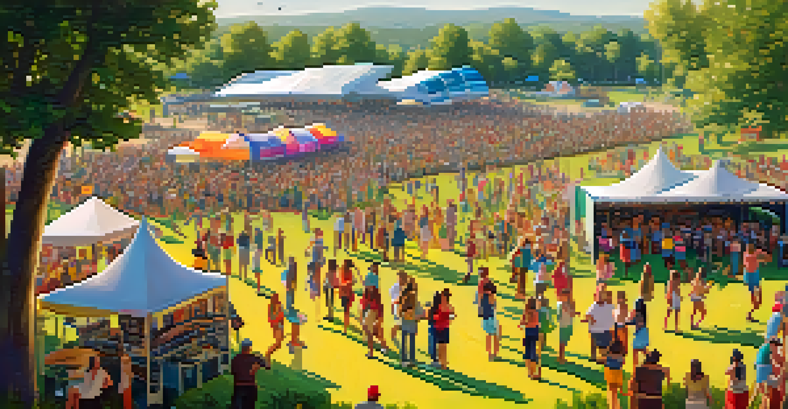 An aerial view of a dance festival showing solar-powered stages, attendees dancing, and recycling stations.
