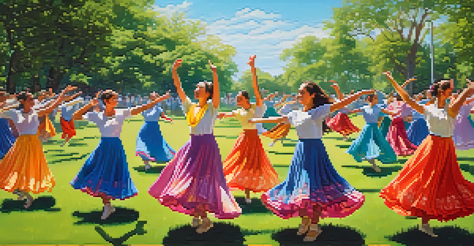 Students in colorful outfits dancing in a park surrounded by flowers and trees under a blue sky.