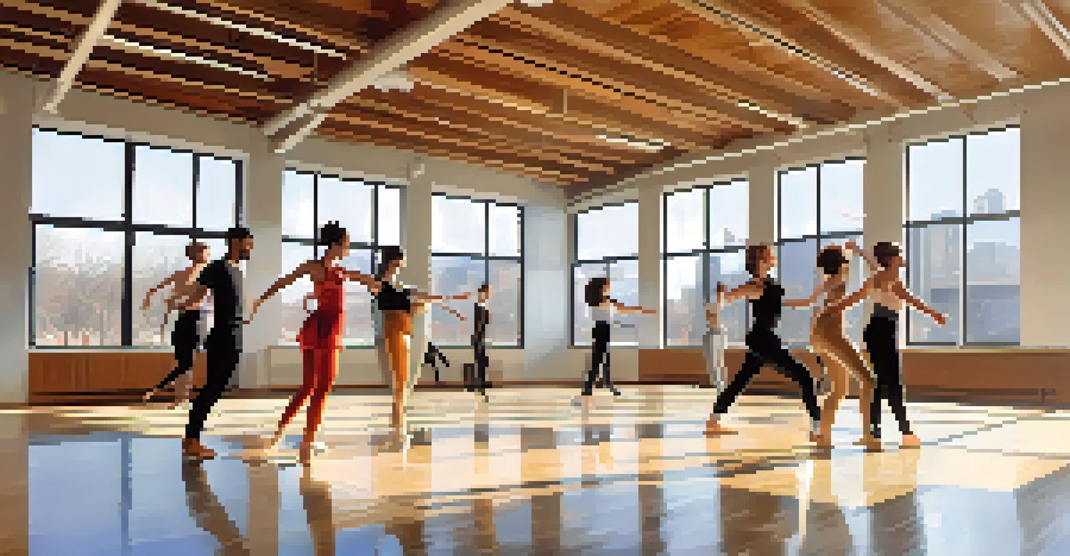 Dancers collaborating on choreography in a bright studio, showcasing diverse styles with natural light and a video call with a choreographer.