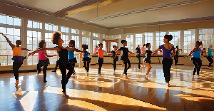A diverse group of dancers in a sunlit studio, joyfully engaged in movement, with mirrors and colorful attire.