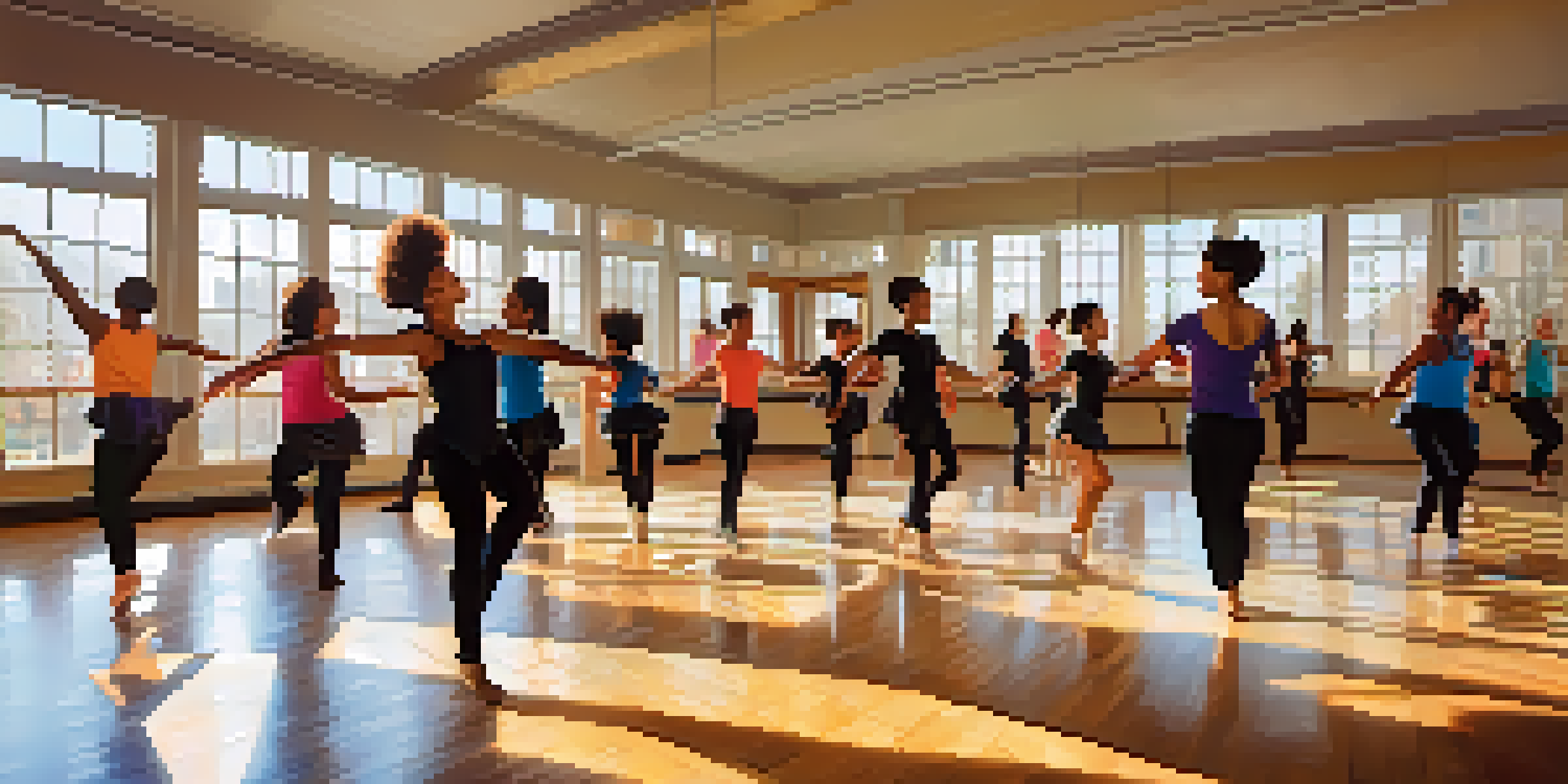 A diverse group of dancers in a sunlit studio, joyfully engaged in movement, with mirrors and colorful attire.