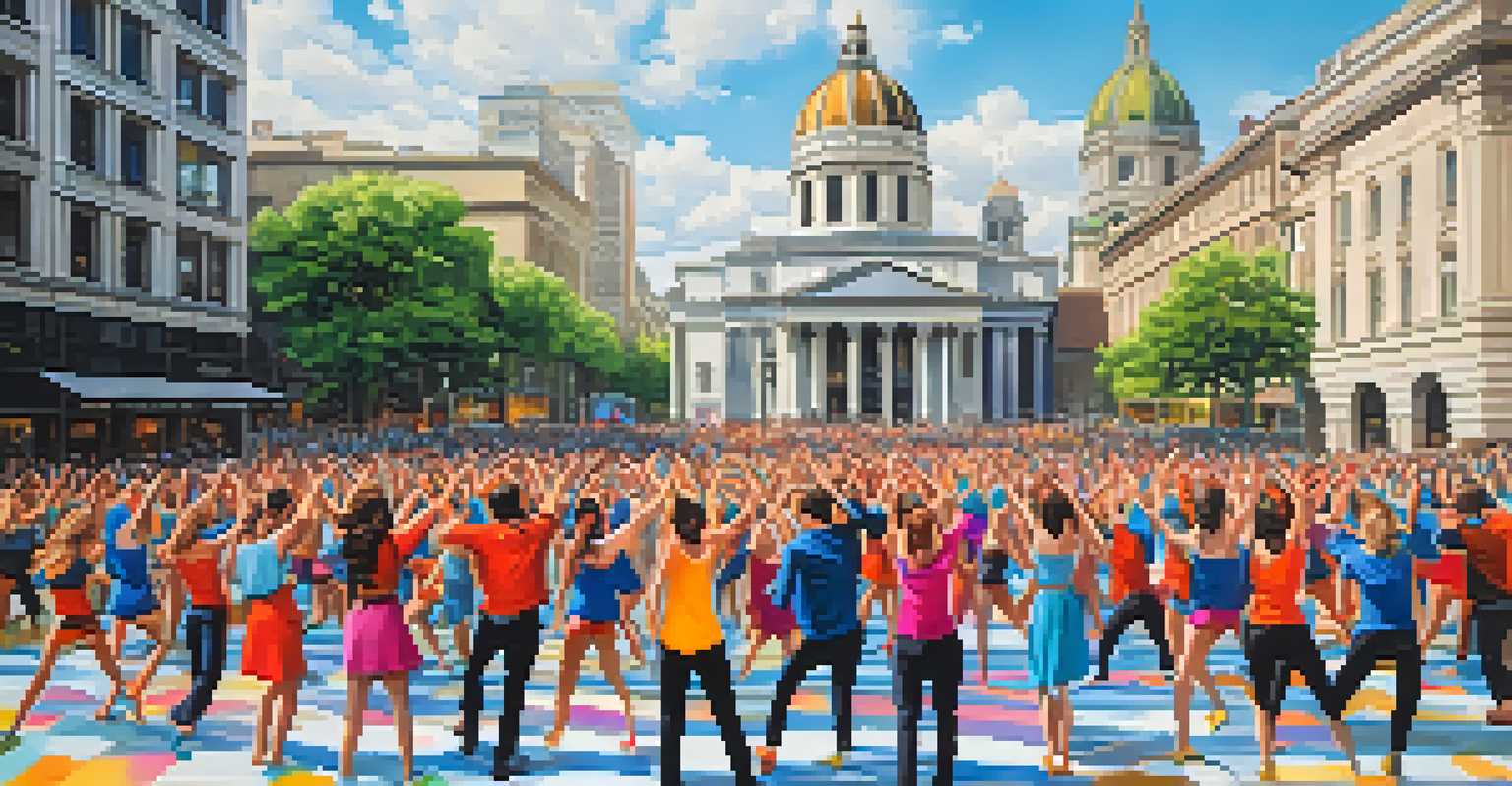 A group of dancers performing a flash mob in a busy city square, with spectators taking photos and climate awareness banners.