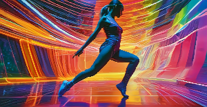 A dancer in a colorful virtual reality space, showcasing fluid movements with digital projections around them.