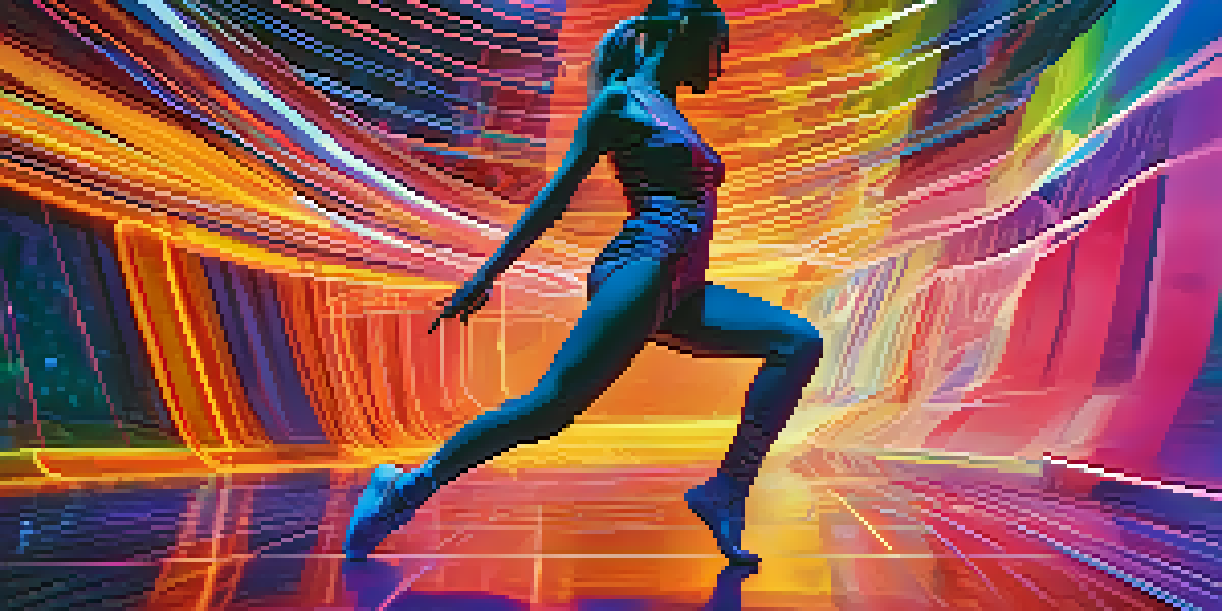 A dancer in a colorful virtual reality space, showcasing fluid movements with digital projections around them.