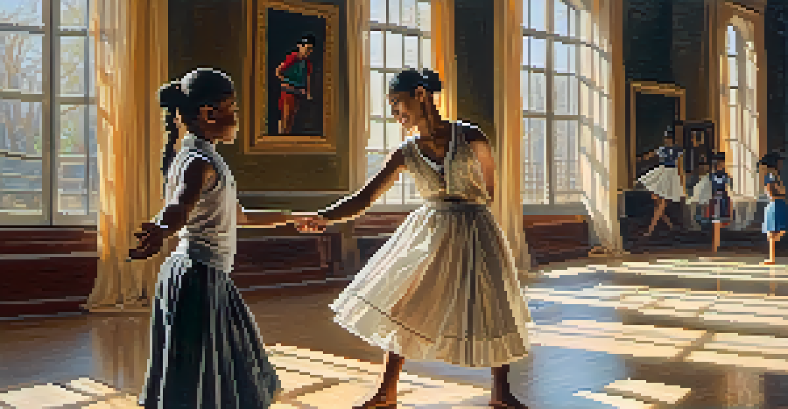A mentor teaching a young dancer in a sunlit studio, with mirrors reflecting their movements and expressions of joy and concentration.
