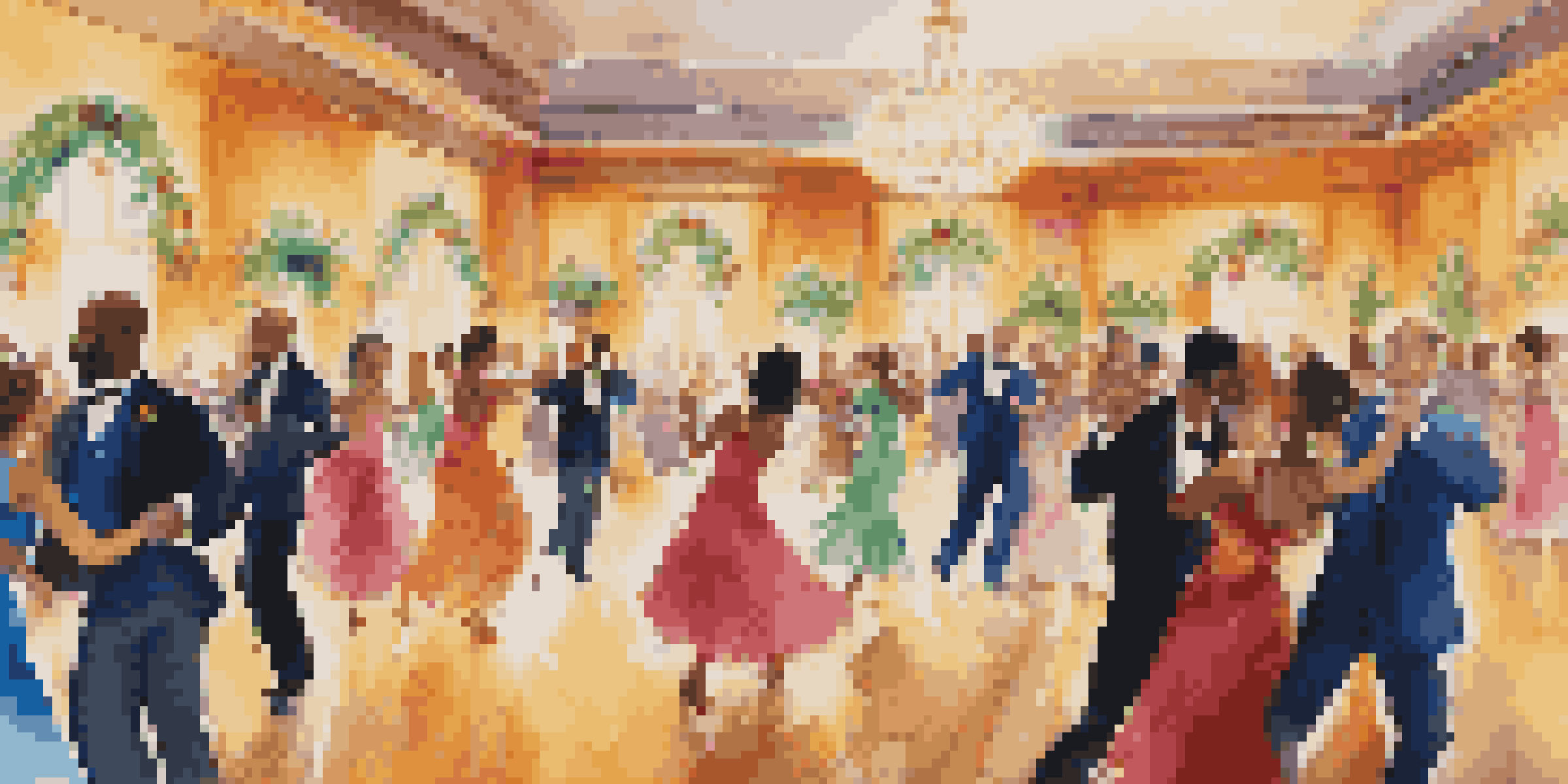 A lively ballroom filled with diverse couples dancing joyfully, with colorful decorations and soft lighting creating a warm atmosphere.