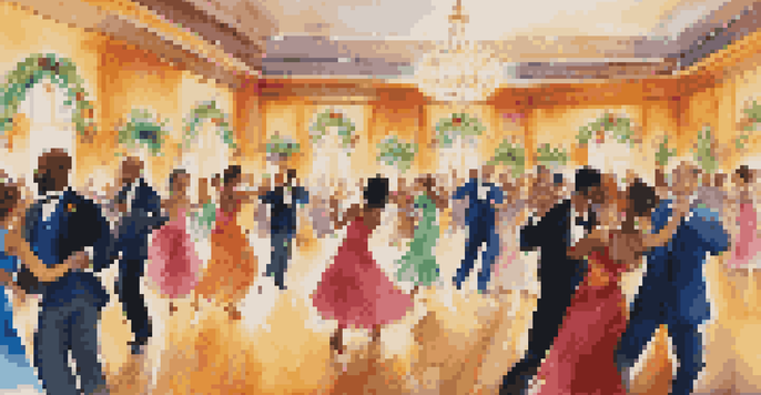 A lively ballroom filled with diverse couples dancing joyfully, with colorful decorations and soft lighting creating a warm atmosphere.