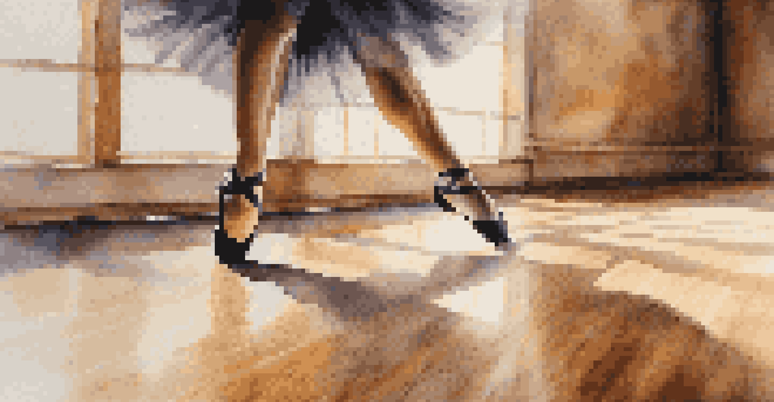 A close-up of a dancer's feet performing intricate footwork on a wooden dance floor.