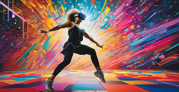 A dancer wearing a VR headset practicing in a colorful virtual reality space, mid-leap with abstract shapes around them.