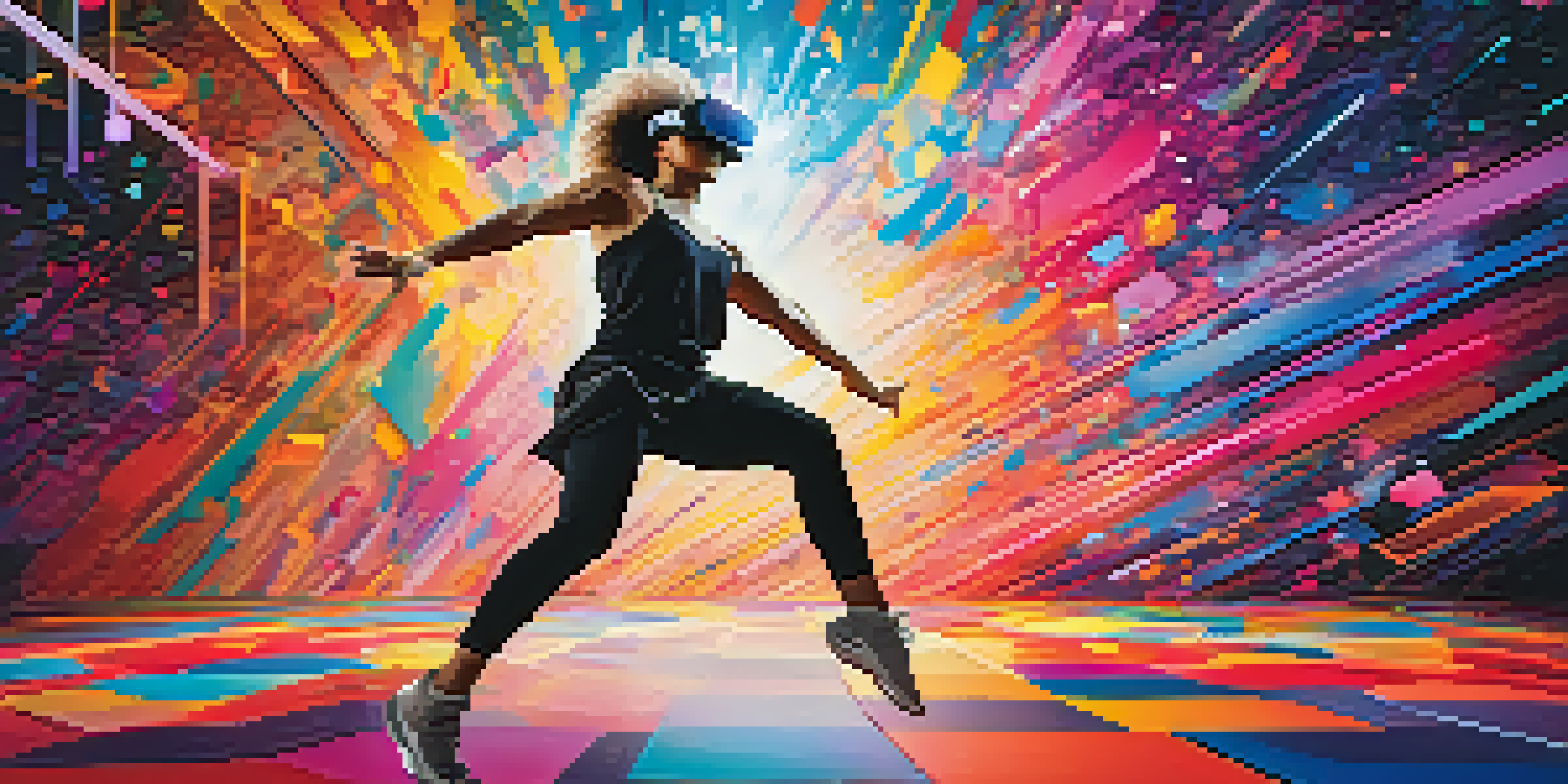 A dancer wearing a VR headset practicing in a colorful virtual reality space, mid-leap with abstract shapes around them.