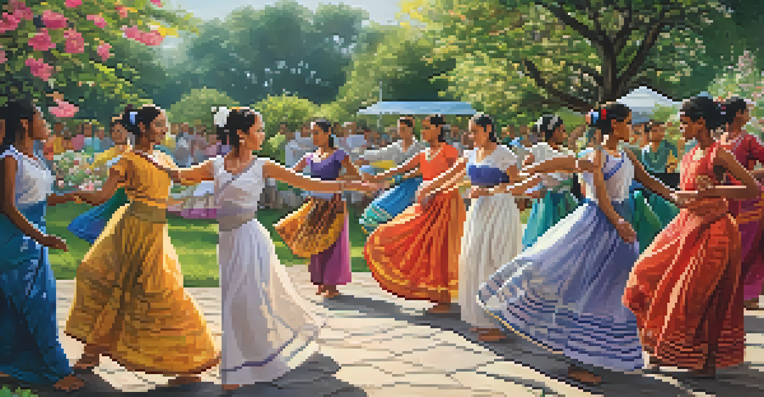 A diverse group of dancers in colorful outfits participating in an outdoor dance workshop in a beautiful garden, celebrating cultural diversity.