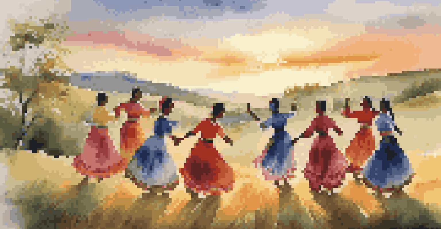 A group of women performing a traditional folk dance in a rural landscape, celebrating community and joy.
