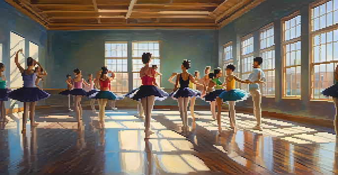 A diverse group of dancers practicing in a bright dance studio with mirrors and natural light.