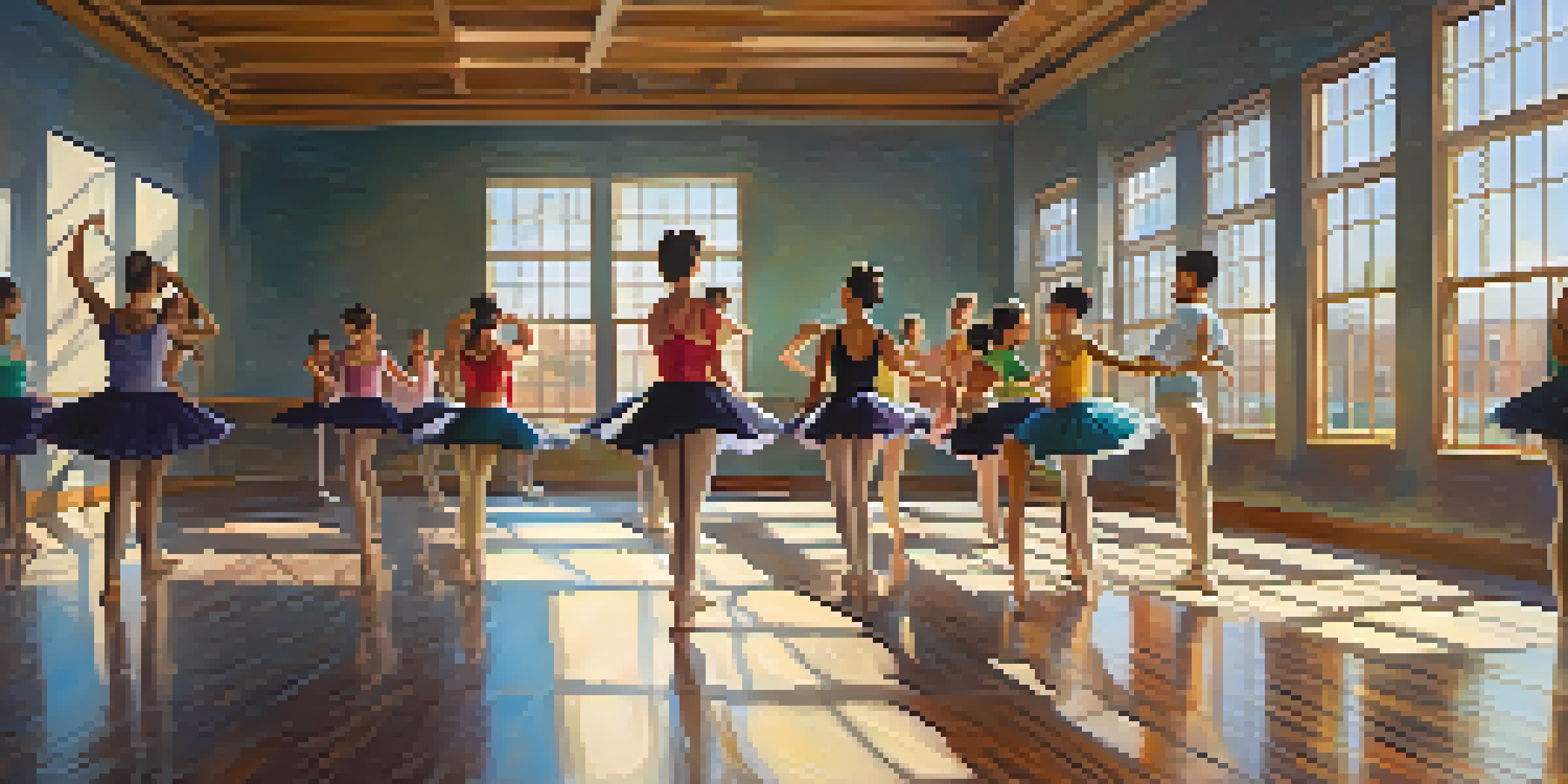 A diverse group of dancers practicing in a bright dance studio with mirrors and natural light.
