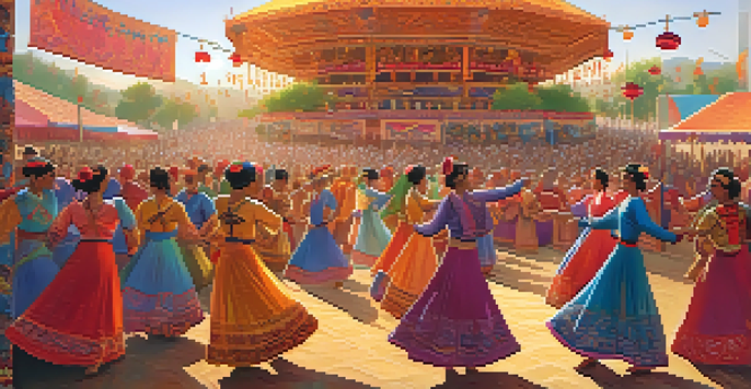 A lively outdoor dance festival featuring performers in colorful traditional costumes dancing on stage, with an audience enjoying the festivities and a warm sunset in the background.