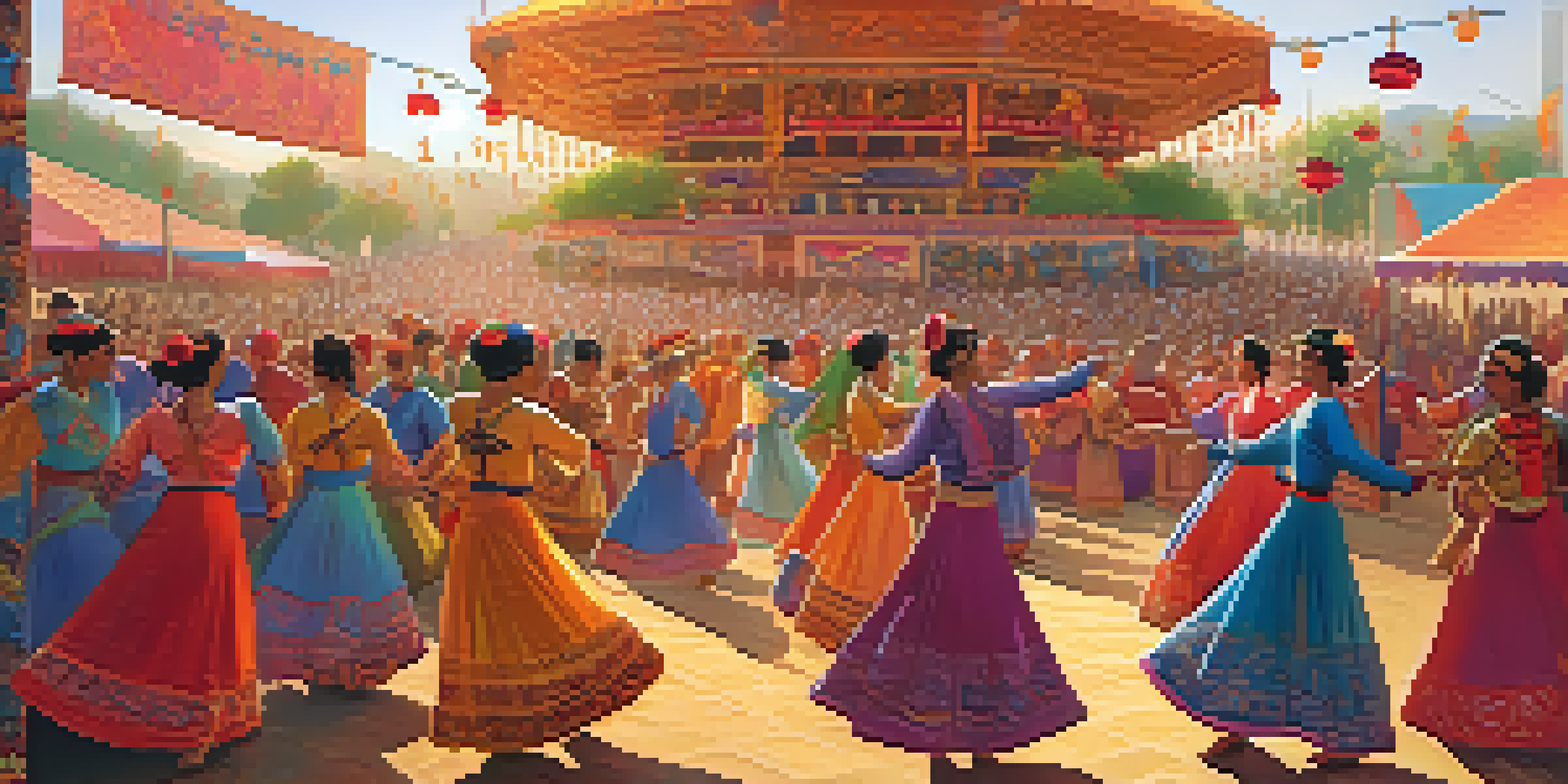 A lively outdoor dance festival featuring performers in colorful traditional costumes dancing on stage, with an audience enjoying the festivities and a warm sunset in the background.