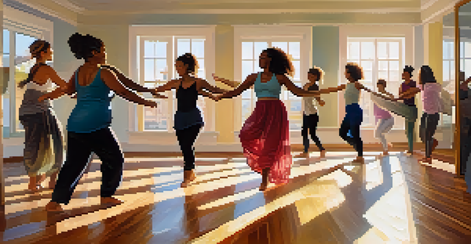 A diverse group of individuals participating in a dance therapy session in a sunlit studio, showcasing expressive movements and a sense of community.