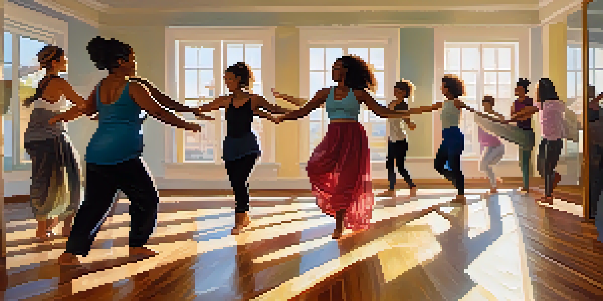A diverse group of individuals participating in a dance therapy session in a sunlit studio, showcasing expressive movements and a sense of community.