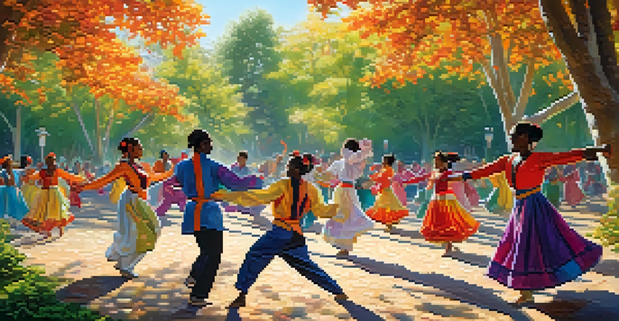 A diverse group of dancers performing a mix of traditional and contemporary dance in a sunlit park, surrounded by flowers and trees.