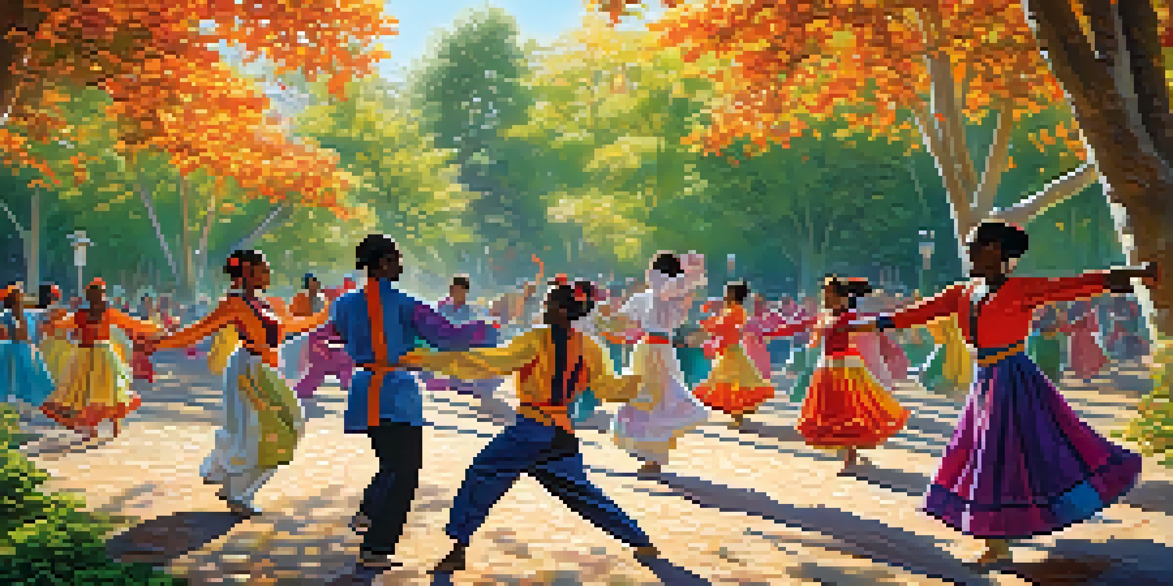 A diverse group of dancers performing a mix of traditional and contemporary dance in a sunlit park, surrounded by flowers and trees.