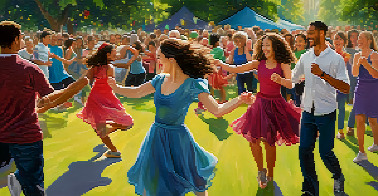A vibrant community dance event in a park with people of all ages enjoying dance together, filled with laughter and joy.