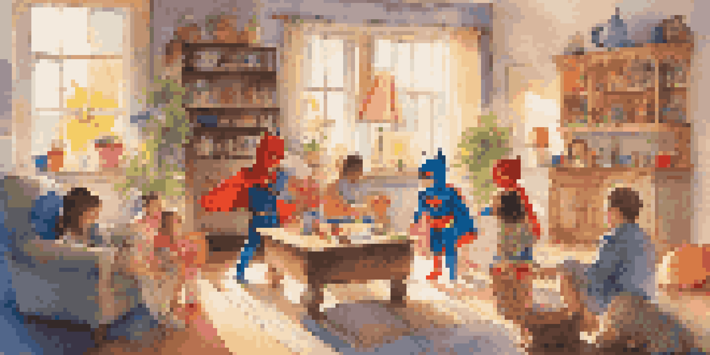 A lively living room filled with children dressed in colorful costumes, playing imaginatively and laughing in a bright, sunlit environment.