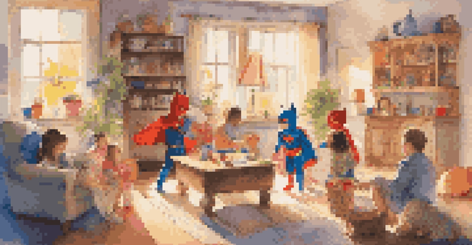 A lively living room filled with children dressed in colorful costumes, playing imaginatively and laughing in a bright, sunlit environment.