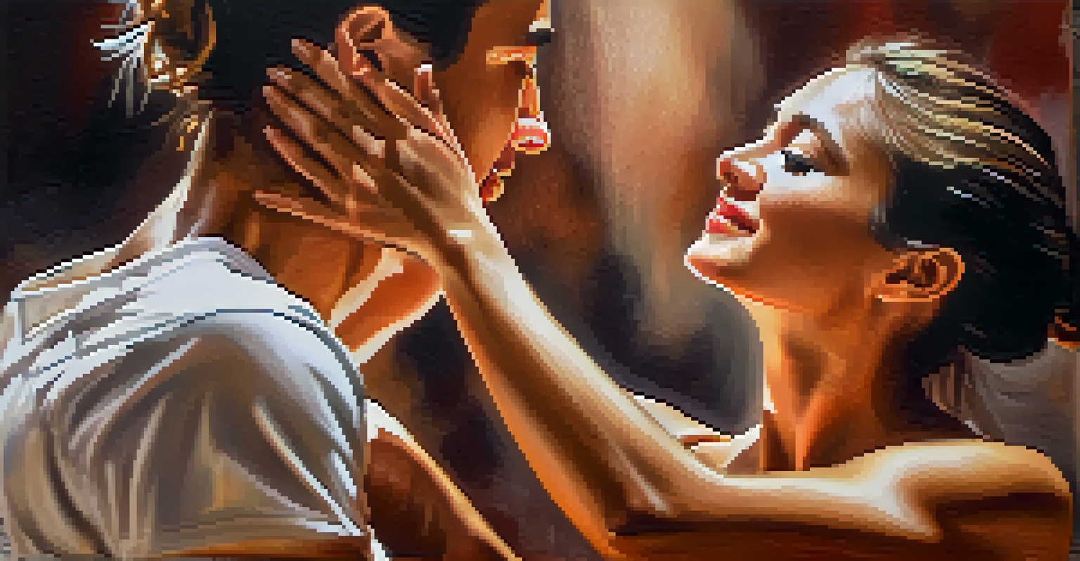 A close-up of two dancers in a graceful pose, emphasizing their expressions and movements in a warm color setting.