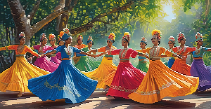 A group of dancers in colorful costumes performing a traditional dance outdoors, surrounded by nature and illuminated by soft sunlight.