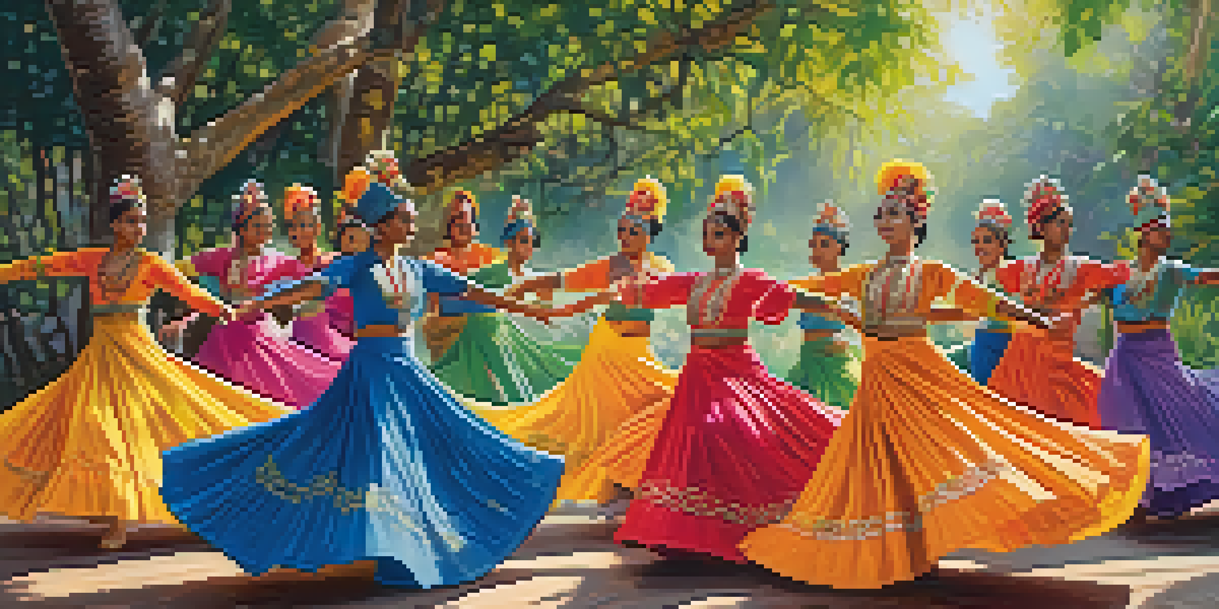 A group of dancers in colorful costumes performing a traditional dance outdoors, surrounded by nature and illuminated by soft sunlight.
