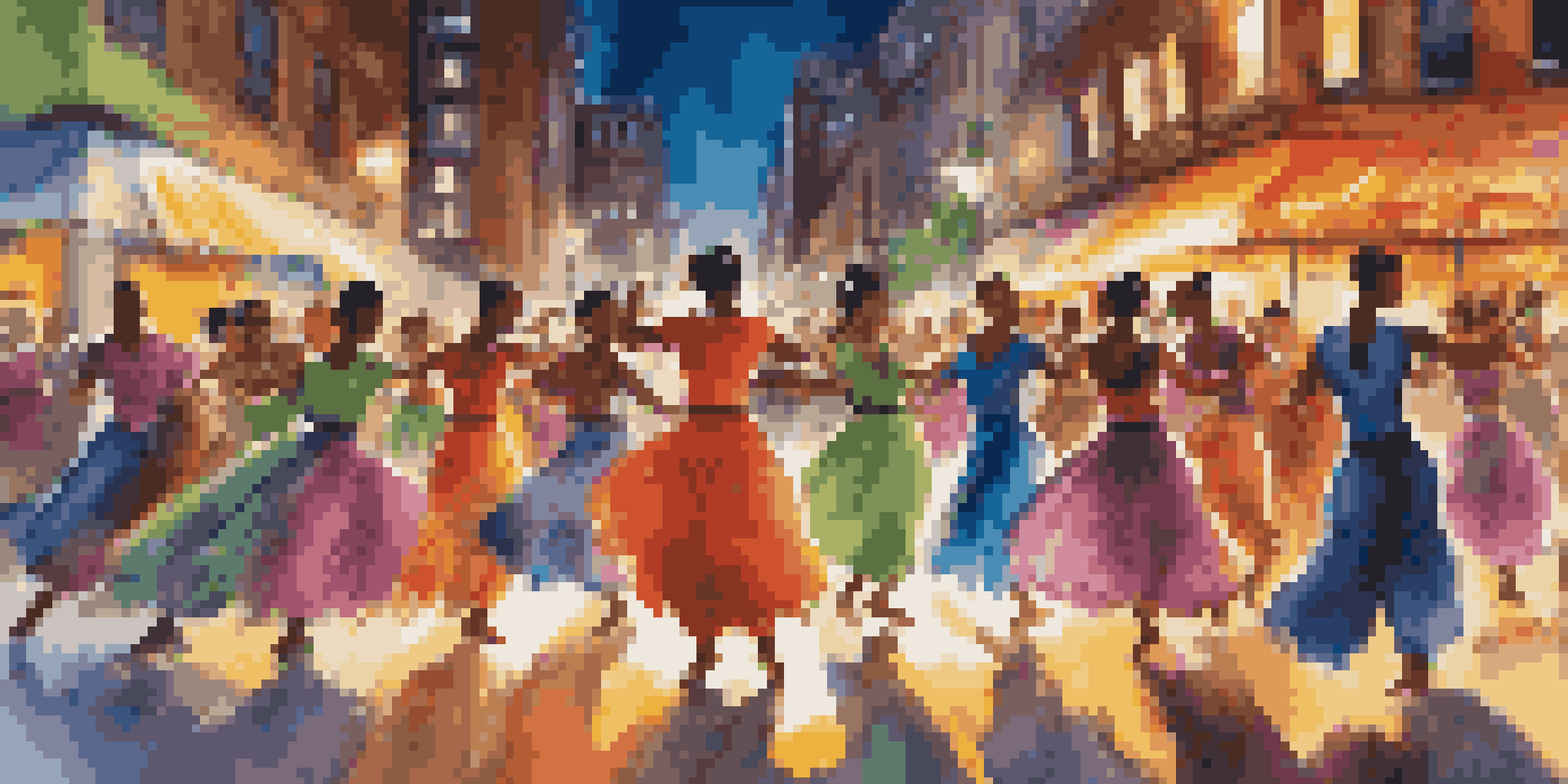 A diverse group of dancers performing in an urban environment, showcasing various colorful costumes and vibrant dance styles.