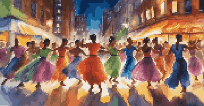 A diverse group of dancers performing in an urban environment, showcasing various colorful costumes and vibrant dance styles.
