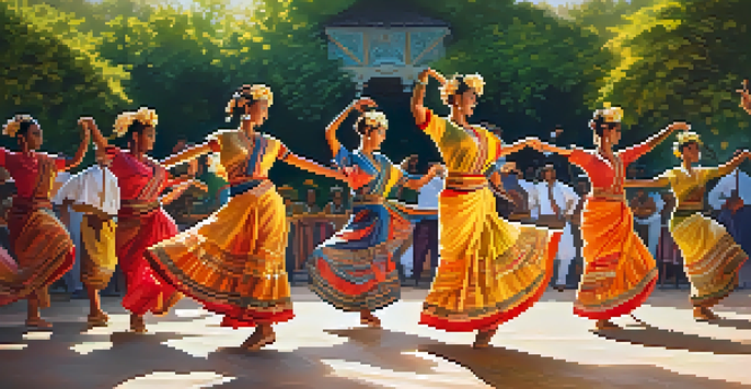 A group of dancers in traditional clothing performing a cultural dance outdoors, surrounded by greenery and colorful decorations.