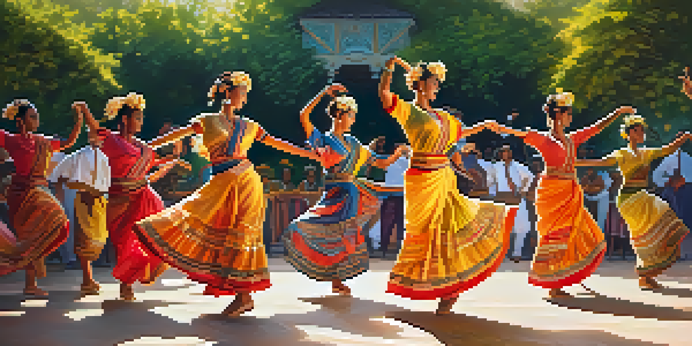 A group of dancers in traditional clothing performing a cultural dance outdoors, surrounded by greenery and colorful decorations.