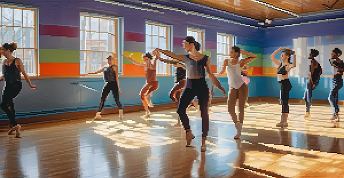 A dance studio with diverse LGBTQ+ dancers showcasing various dance styles under warm lighting.