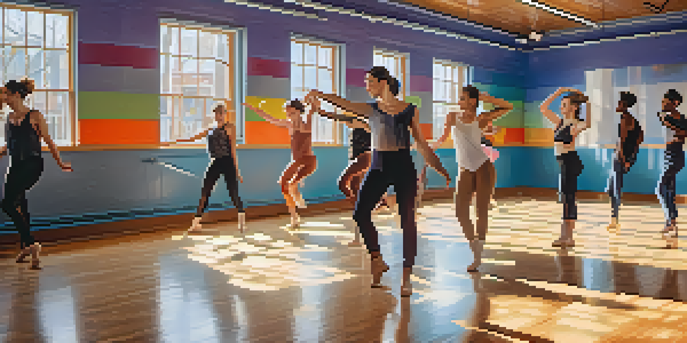 A dance studio with diverse LGBTQ+ dancers showcasing various dance styles under warm lighting.