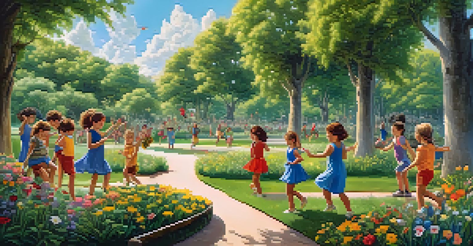 Children dancing in nature while others create art, surrounded by greenery and flowers.