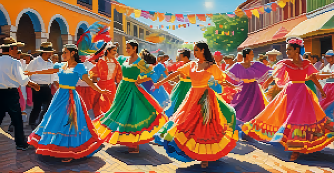 A lively Latin American festival with dancers in traditional costumes performing various dance styles under bright sunlight.