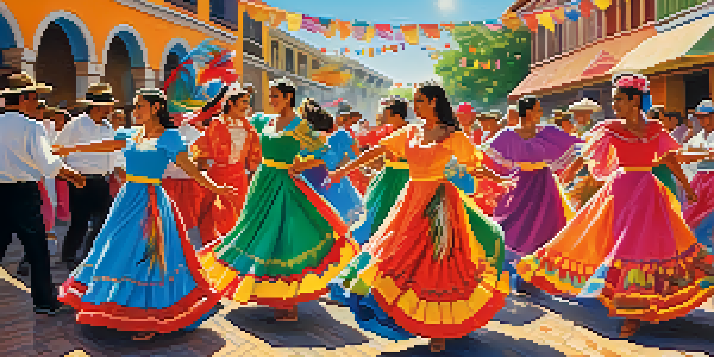 A lively Latin American festival with dancers in traditional costumes performing various dance styles under bright sunlight.