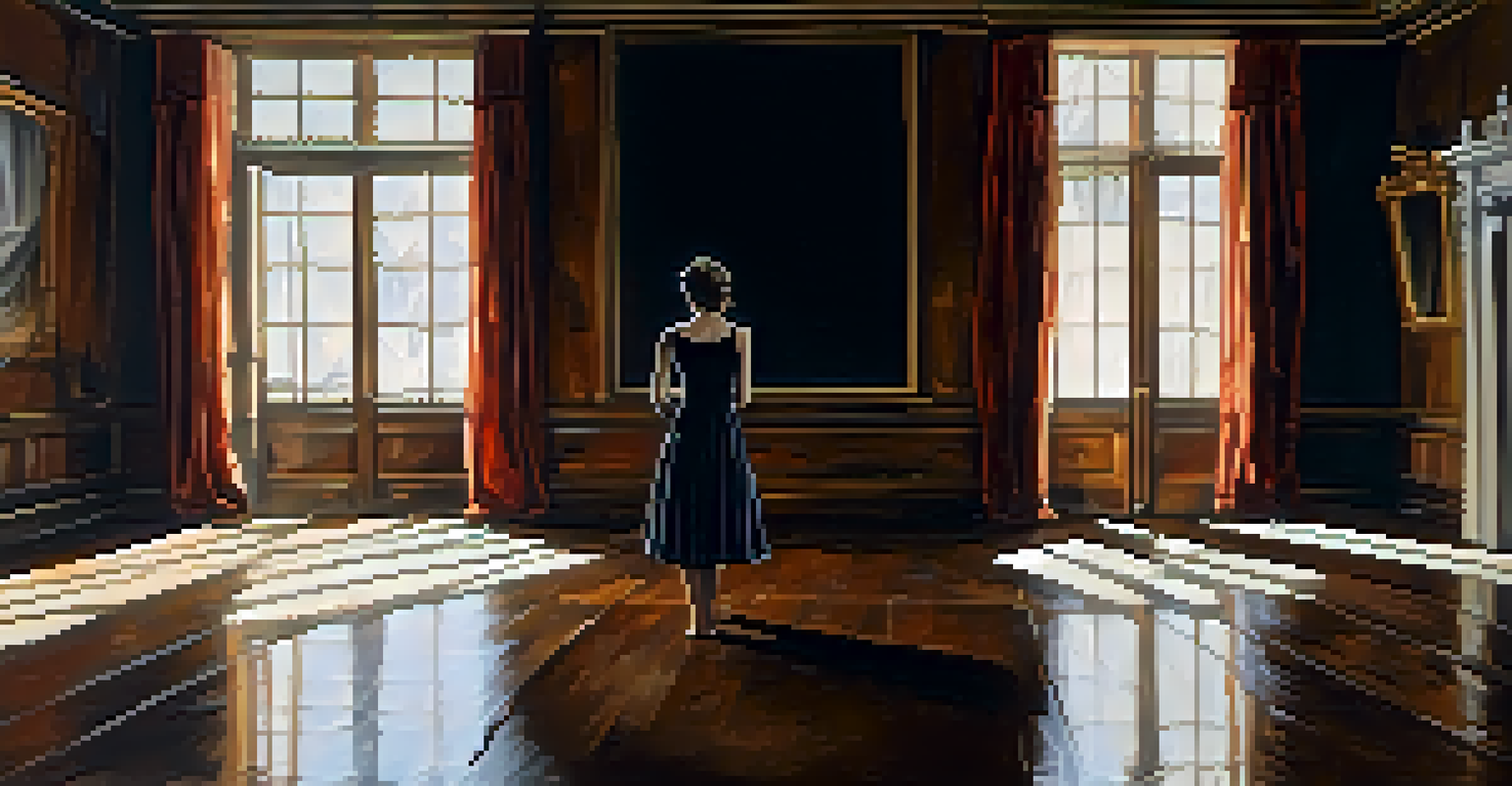 A solitary figure dancing alone in a dimly lit room, with a cracked mirror reflecting their emotional turmoil amidst antique furniture.