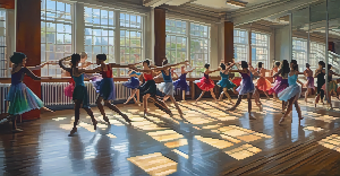 A lively dance studio with dancers of various styles improvising under warm natural light, showcasing their movements and colorful costumes.