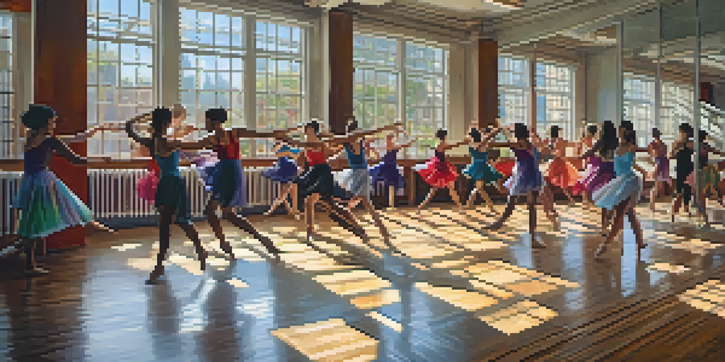 A lively dance studio with dancers of various styles improvising under warm natural light, showcasing their movements and colorful costumes.