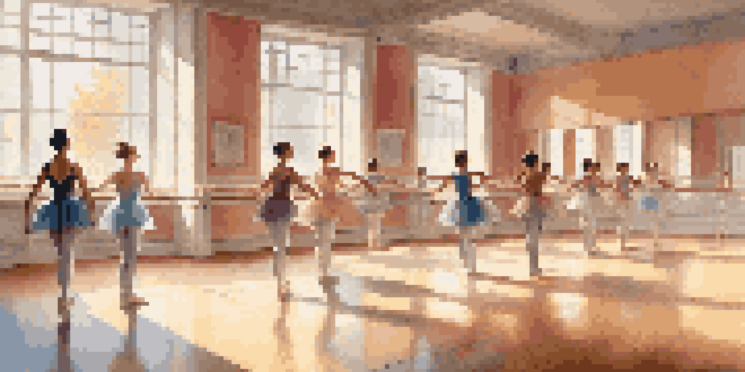 A dance studio with dancers practicing pirouettes and an instructor providing guidance, illuminated by sunlight.