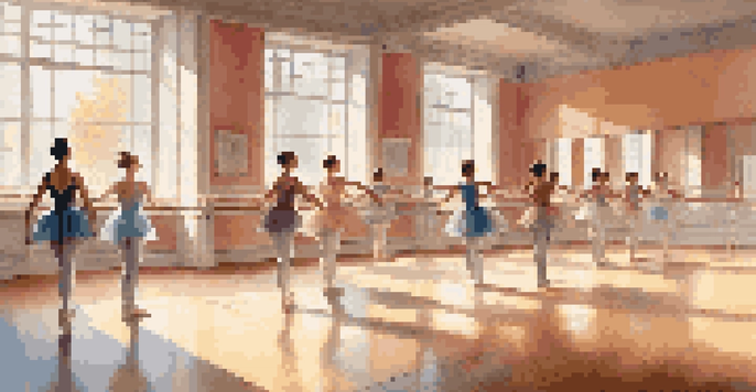 A dance studio with dancers practicing pirouettes and an instructor providing guidance, illuminated by sunlight.